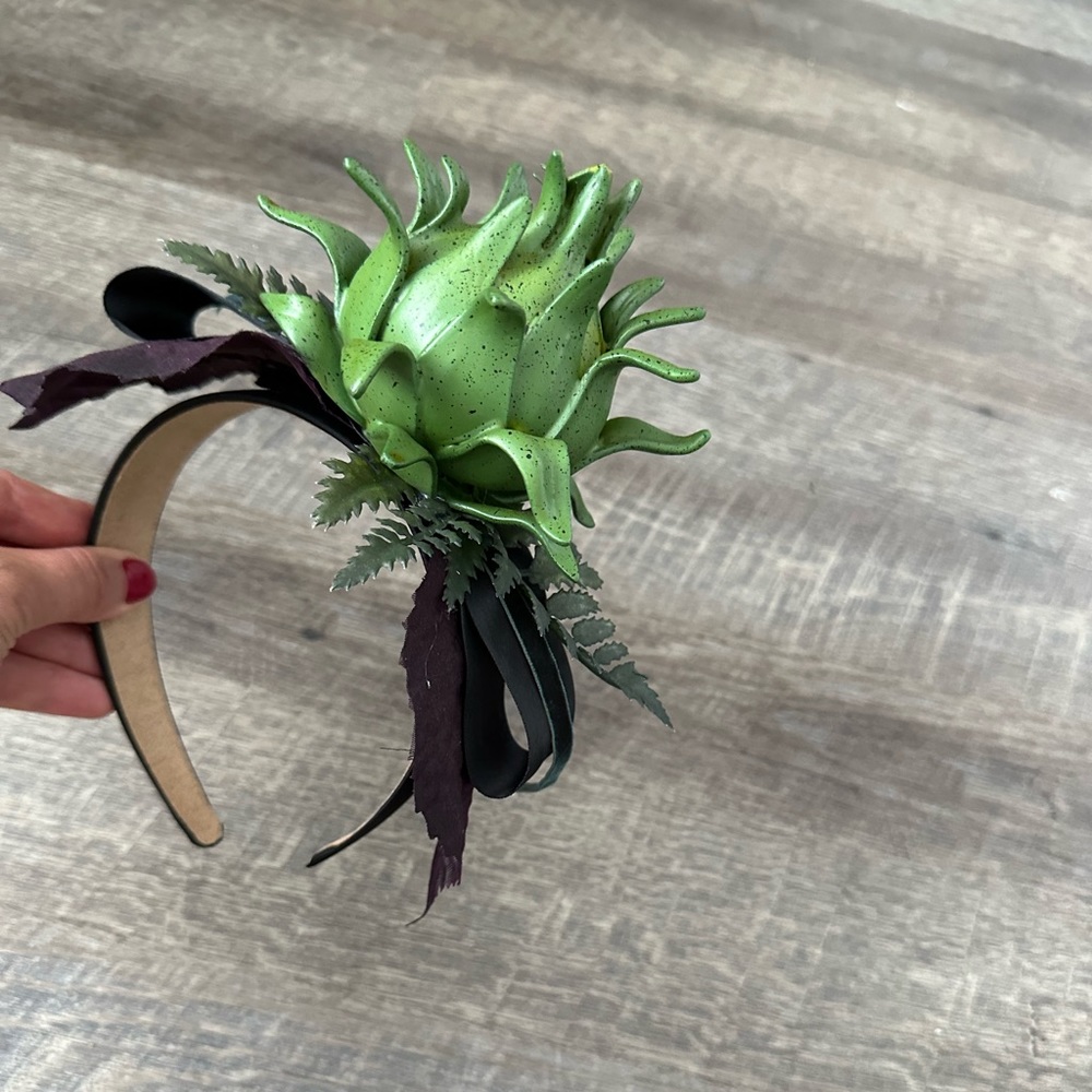 Handmade Designer Fascinator Headband Black Green Purple Thistle Artichoke Bow